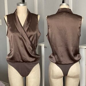 Womens satin collared bodysuit in taupe size M